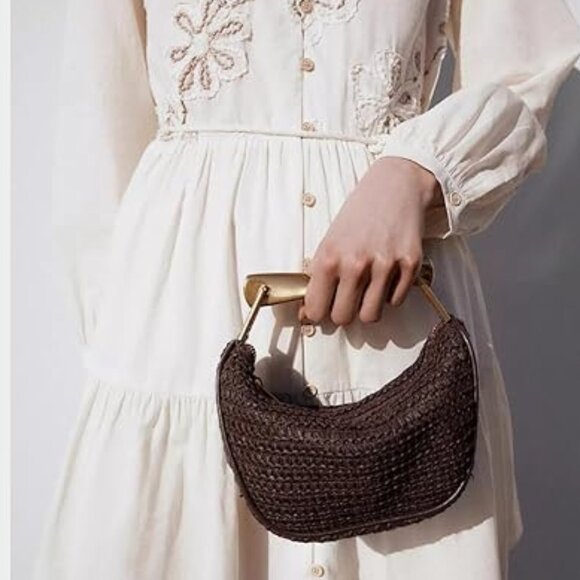 Neiman Marcus Handbags - Neiman Marcus Coffee Handmade Straw Crossbody Bag